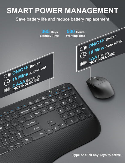 Wireless Keyboard and Mouse Combo, EDJO 2.4G Full-Sized Ergonomic Computer Keyboard with Wrist Rest and 3 Level DPI Adjustable Wireless Mouse for Windows, Mac OS Desktop/Laptop/PC (Carbon Black)