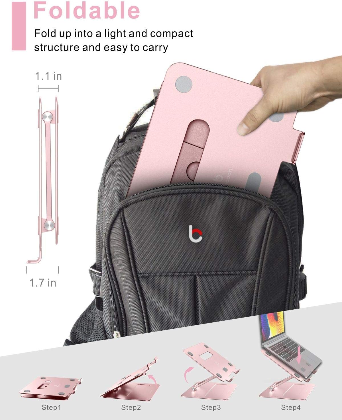 Laptop Stand | Adjustable Aluminum MacBook Riser, Ergonomic Computer Stand with Heat Vent, Fits 10–17" Laptops, Rose Gold