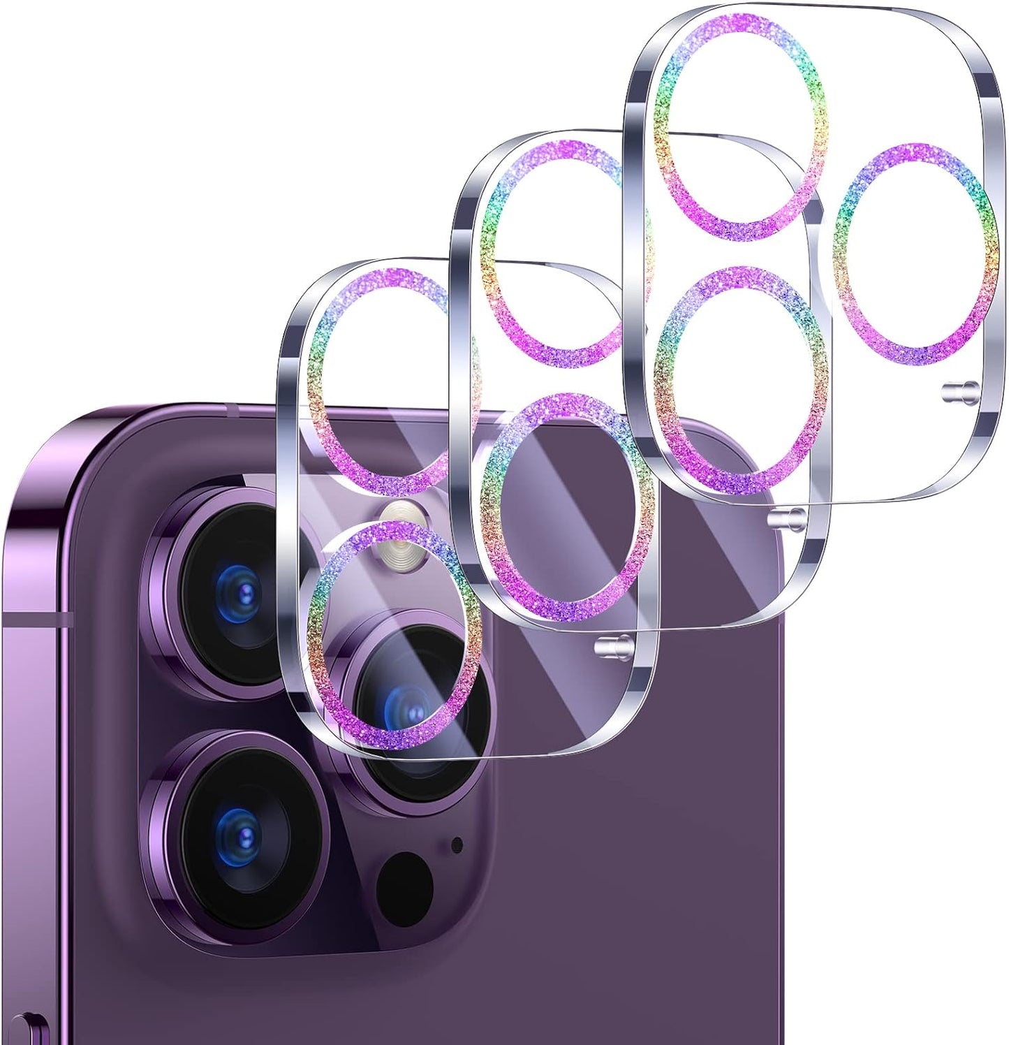 UniqueMe [3 Pack Compatible for iPhone 14 Pro Max/iPhone 14 Pro Camera Lens Protector Tempered Glass,[Case Friendly][Scratch-Resistant][Night Shooting Mode]-Glitter Colorful