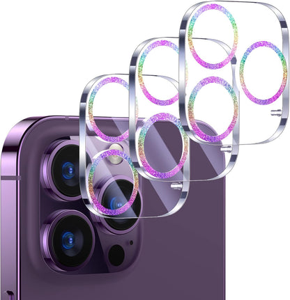 UniqueMe [3 Pack Compatible for iPhone 14 Pro Max/iPhone 14 Pro Camera Lens Protector Tempered Glass,[Case Friendly][Scratch-Resistant][Night Shooting Mode]-Glitter Colorful
