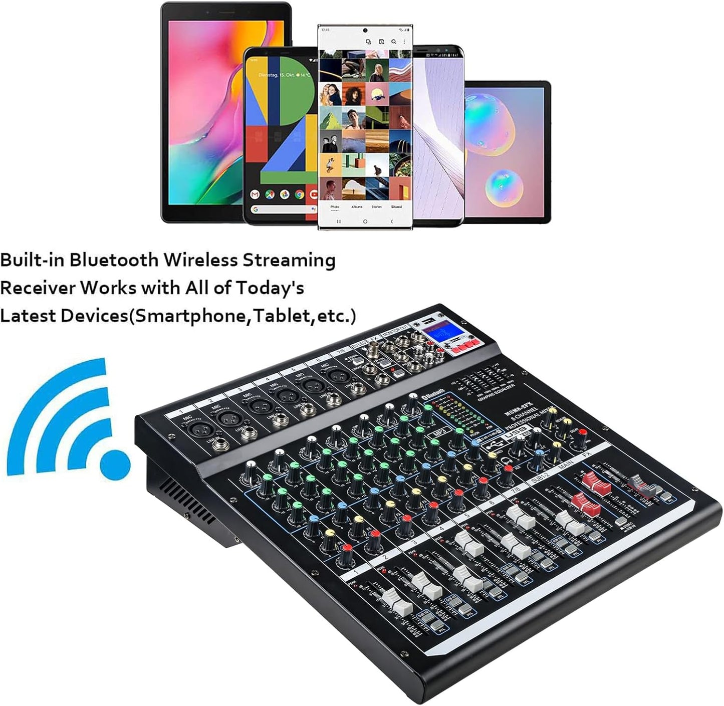 Dj Mixers 8 Channel Audio Mixer Sound Board with Bluetooth, Usb Audio Interface with 48V Phantom Power Sounds Mixer Board with FX Reverb Delay Effect for Streaming