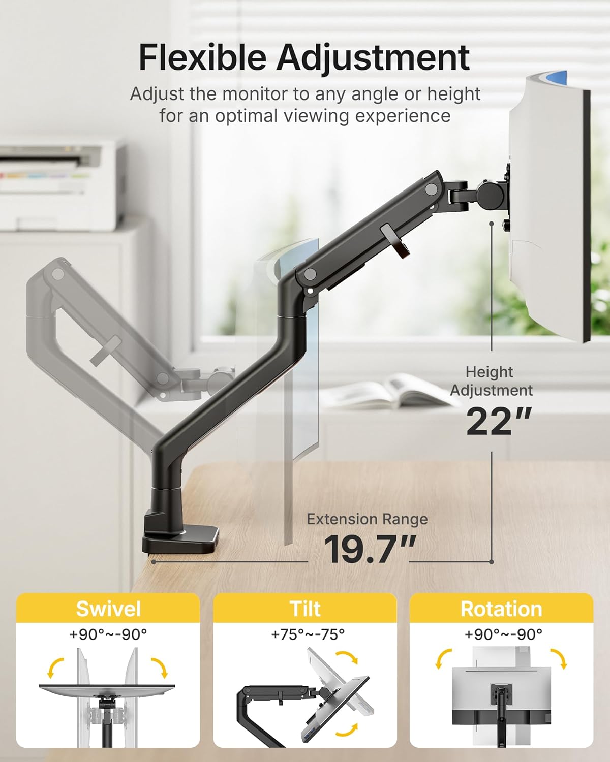 monTEK Single Monitor Arm with USB A/C, Ultrawide Monitor Stand for 17 to 57 Inch Curved Screen, Holds 59.4 lbs, Adjustable Gas Spring Arm, 75/100 VESA Mount, Clamp & Grommet Desk Mount, Black