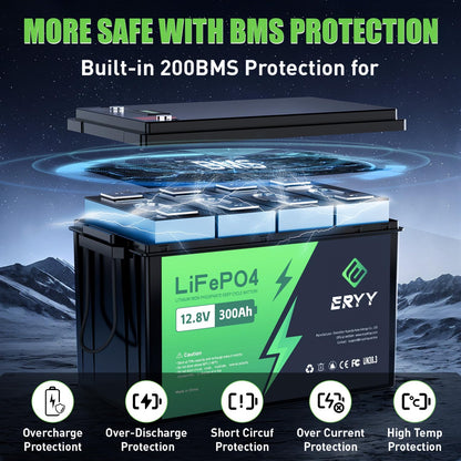 12V 300Ah LiFePO4 Battery, 12V Lithium Battery with 200A BMS, 3840Wh Energy, Deep Cycle Battery, Lithium Iron Phosphate Battery for Trolling Motor, Solar, RV, Camping, Van, Marine