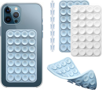 Silicone Double-Sided Suction Phone Grip Detachable Mount - Car Dashboard/Shower Phone Holder, Hands-Free For Selfies & Videos, TikTok/ASMR - iphone & Android Compatible (3.74"x2.2", White+Baby Blue)