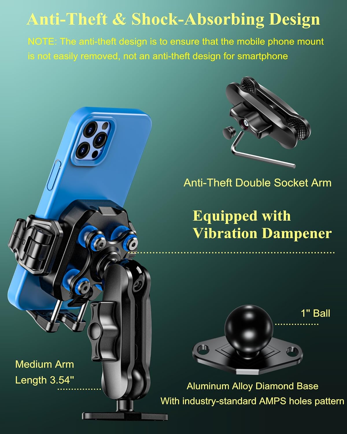 BRCOVAN Anti-Theft Phone Mount Holder with Vibration Dampener [Camera Friendly] [1s Lock & Release], with Aluminum Diamond Base & Medium Arm for Car Boat Truck Motorcycle UTV ATV Fit 5.4-7.2'' Phone