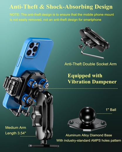 BRCOVAN Anti-Theft Phone Mount Holder with Vibration Dampener [Camera Friendly] [1s Lock & Release], with Aluminum Diamond Base & Medium Arm for Car Boat Truck Motorcycle UTV ATV Fit 5.4-7.2'' Phone