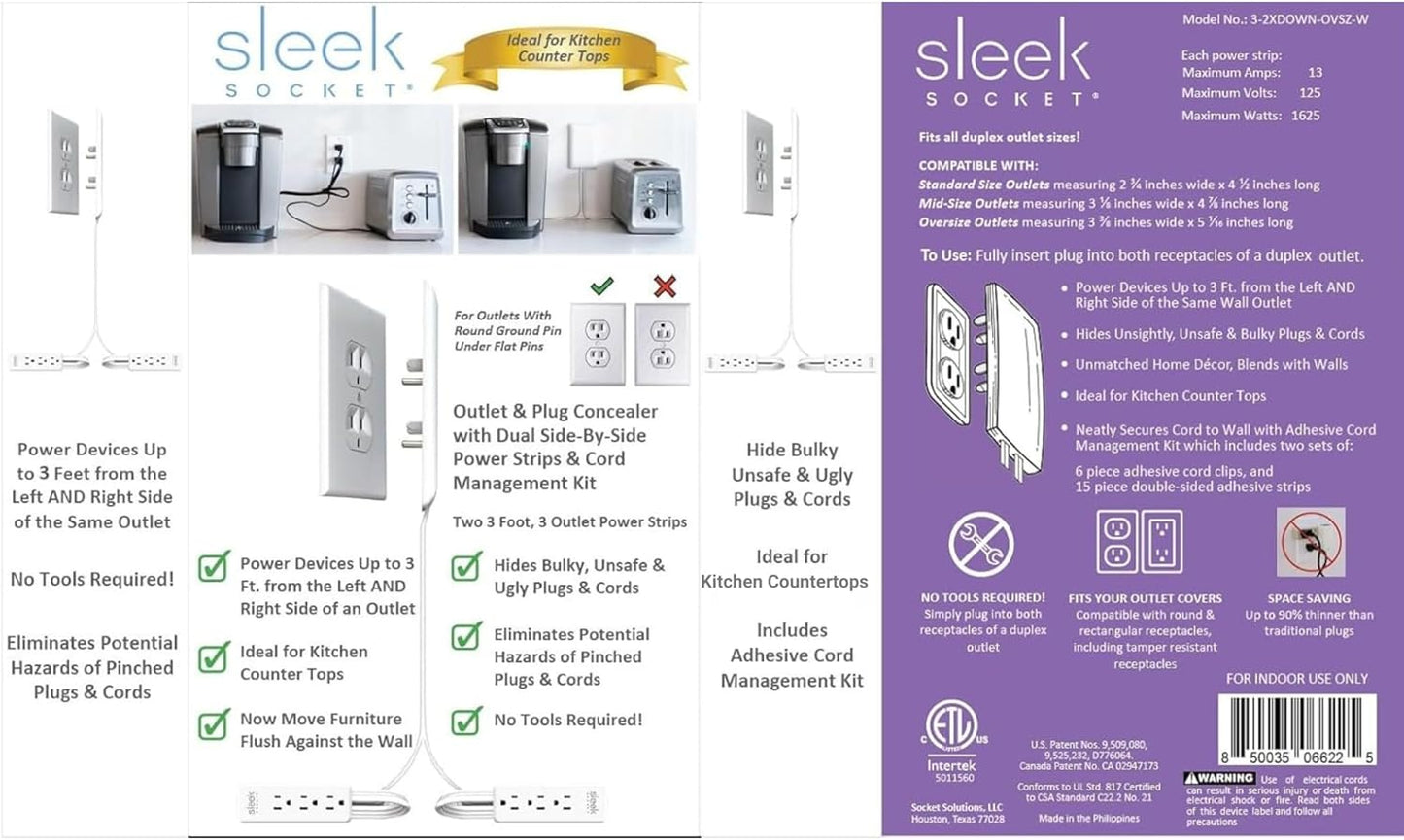 sleek socket Original & Patented Ultra-Thin Outlet with Cord Concealer Kit, Flat Extension with Multi Outlets Power Strip, Ideal for Home Improvement, Hide Bulky and Messy Cords, 6 Feet, White