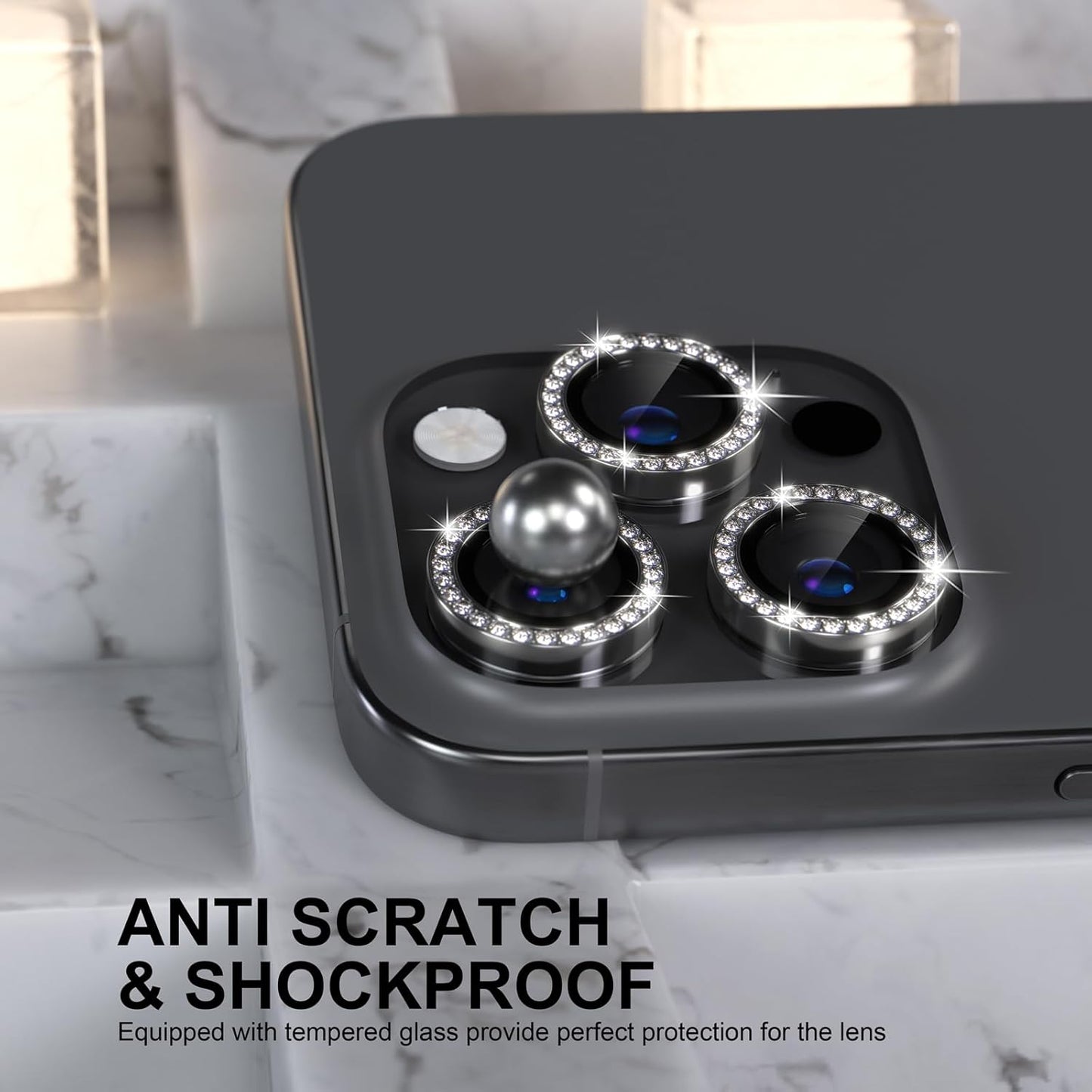 Choiche Compatible for iPhone 16 Pro/iPhone 16 Pro Max Camera Lens Protector Bling, 9H Tempered Glass Camera Cover Screen Protector Metal Ring Decoration Accessories (Diamond-Black)