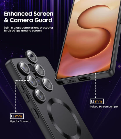 Magnetic for Samsung Galaxy S25 Ultra Case [Compatible with MagSafe][Built-in Camera Lens Protector] Slim Soft Silicone Bumper Shockproof Metallic Luster Phone Shell (Black)