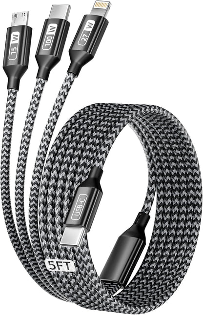 100W USB C Cable, Multi Charging Cable Fast Charging 5FT, 3 in 1 USB C Charger Cable with E-Mark Chip, Multi Charger Cord with Type-C, Micro USB, IP Port for iPhone16/15/MacBook/iPad/Samsung (1Pack)
