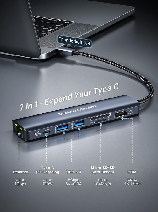 USB C Hub Multiport Adapter, DockteckExpand 7-in-1 Type C Hub with 4K 60Hz HDMI,1Gbps Ethernet,100W PD,2 USB 3.0 Ports,SD/TF Card Slots for MacBook Pro, MacBook Air, iPad Pro, Surface, Steam Deck