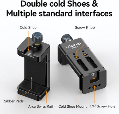ULANZI MA33 Metal Phone Tripod Mount with Arca Port & 2 Cold Shoes, 360° Adjustable Smartphone Tripod Adapter Cell Phone Stand Holder Phone Clamp Suitable for iPhone 15 pro/14/13/12/Samsung