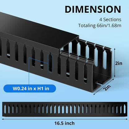 ZhiYo 66in(4X L16.5in) Professional Server Rack Cable Management Raceway, H2in x W2in Cable Raceway Kit, Electrically Safe PVC Open Slot Wire Raceway for Under Desk/Computer/Network Cords, Black
