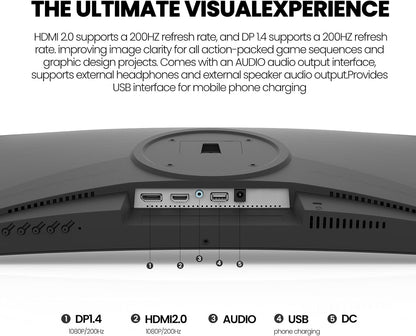 CRUA 24 Inch 200hz/180hz Curved Gaming Monitor, FHD 1080P Frameless Computer Monitors, Support AMD freesync Low Motion Blur, Eye Care, DisplayPort, HDMI, Compatible Wall Mountable Installs-Black