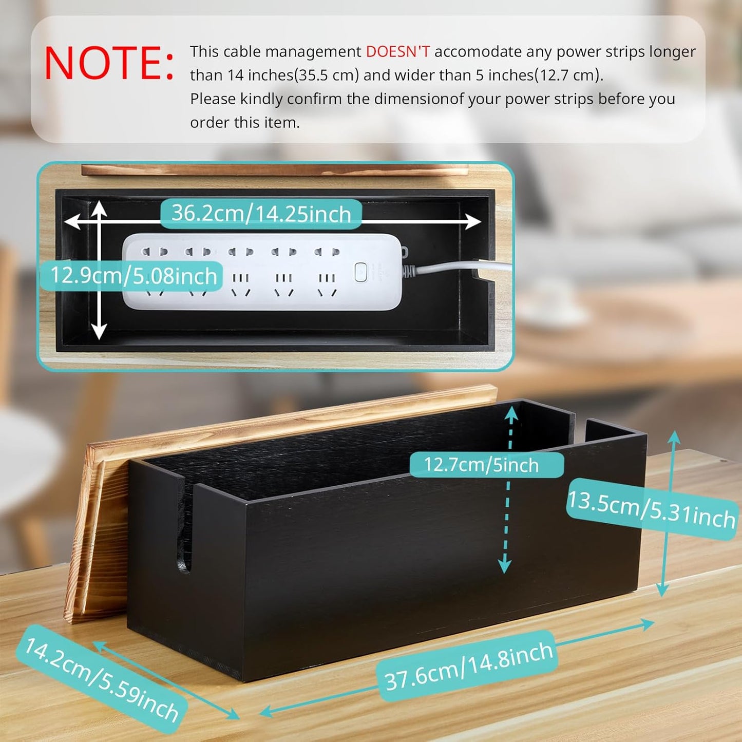 Bivvclaz Large Cable Management Box, Wooden Cord Organizer Box for Desk, Floor, Office to Hide Extension Cords Power Stripes Surge Protectors Chargers Wires, Black
