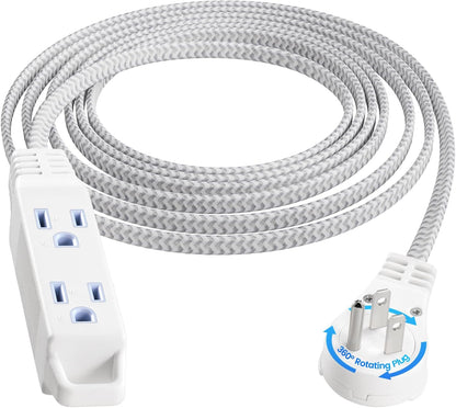 SURAIELEC 10FT 360° Rotating Flat Plug Extension Cord Flat Wall Plug with 3 Outlets, Braided Flat White Extension Cord for Indoor Use, Home, Office, 16/3C SPT, ETL Listed