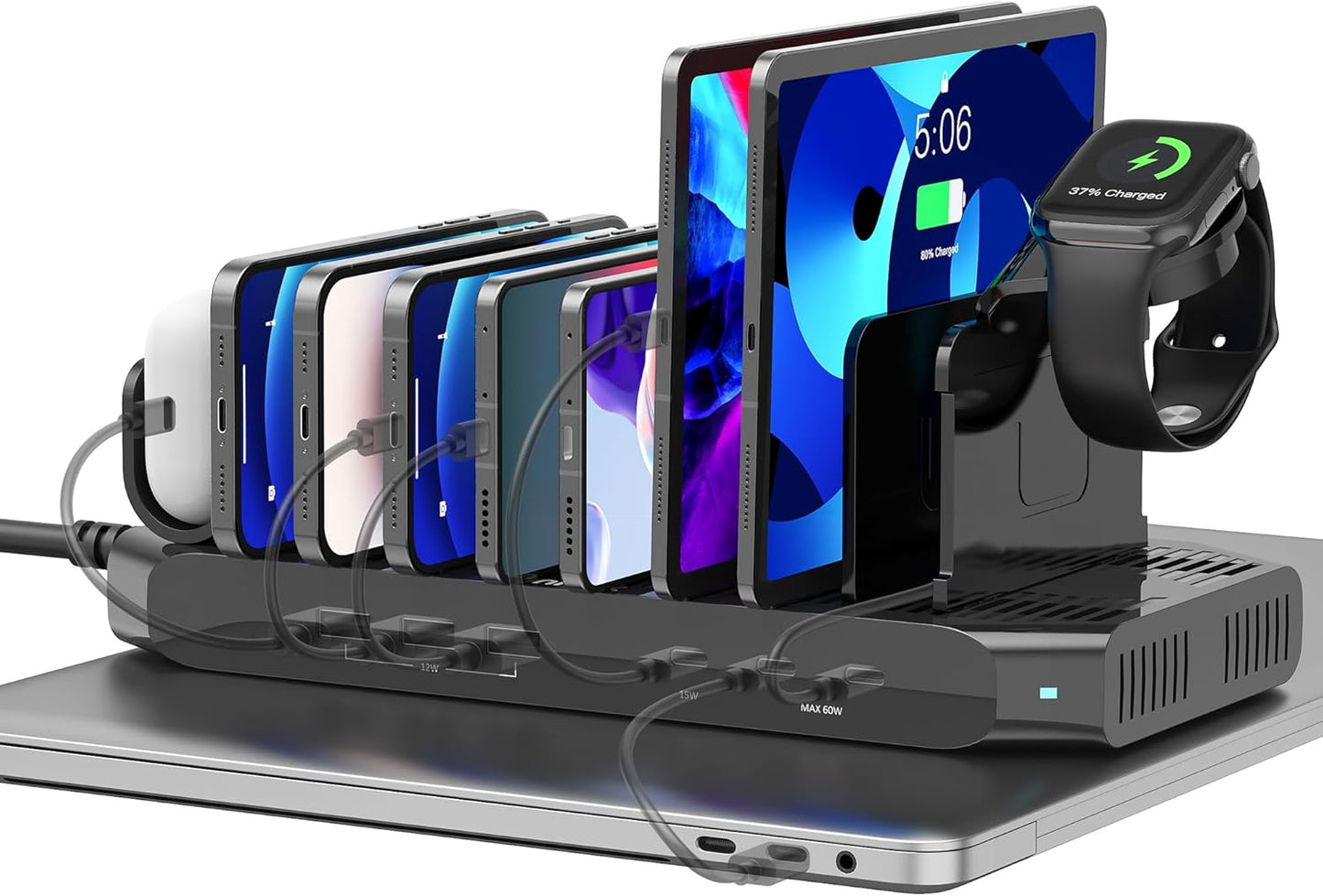 Unitek USB C Charging Station for Multiple Devices Apple - 6 Port MacBook Laptop Charging Dock with Type-C PD 60W Fireproof Fast Charging Stand with Smartwatch & Airpods Holder for iPhone iPad Tablet