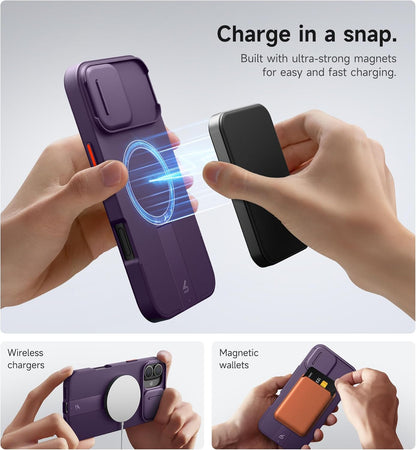 SURITCH for iPhone 16 Plus Case with Magnetic Camera Slide Cover and Adjustable Kickstand, Compatible with MagSafe, Shockproof Bumper Case Slim Protective Cover for iPhone 16 Plus 6.7 Inch,Dark Purple
