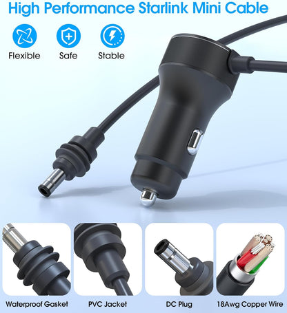 3 in 1 Starlink Mini Cable, 12V-48V Starlink Mini Car Charger DC Power Cable+ Cigarette Lighter Adapter with Digital Display, USB C PD 40W and USB A Ports 30W (9.8ft/3m)