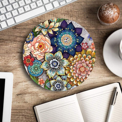 Round Mouse Pad, Boho Floral Mouse Pad, Washable Round Mousepad with Lycra Cloth, Non-Slip Rubber Base Computer Mouse Pads for Wireless Mouse