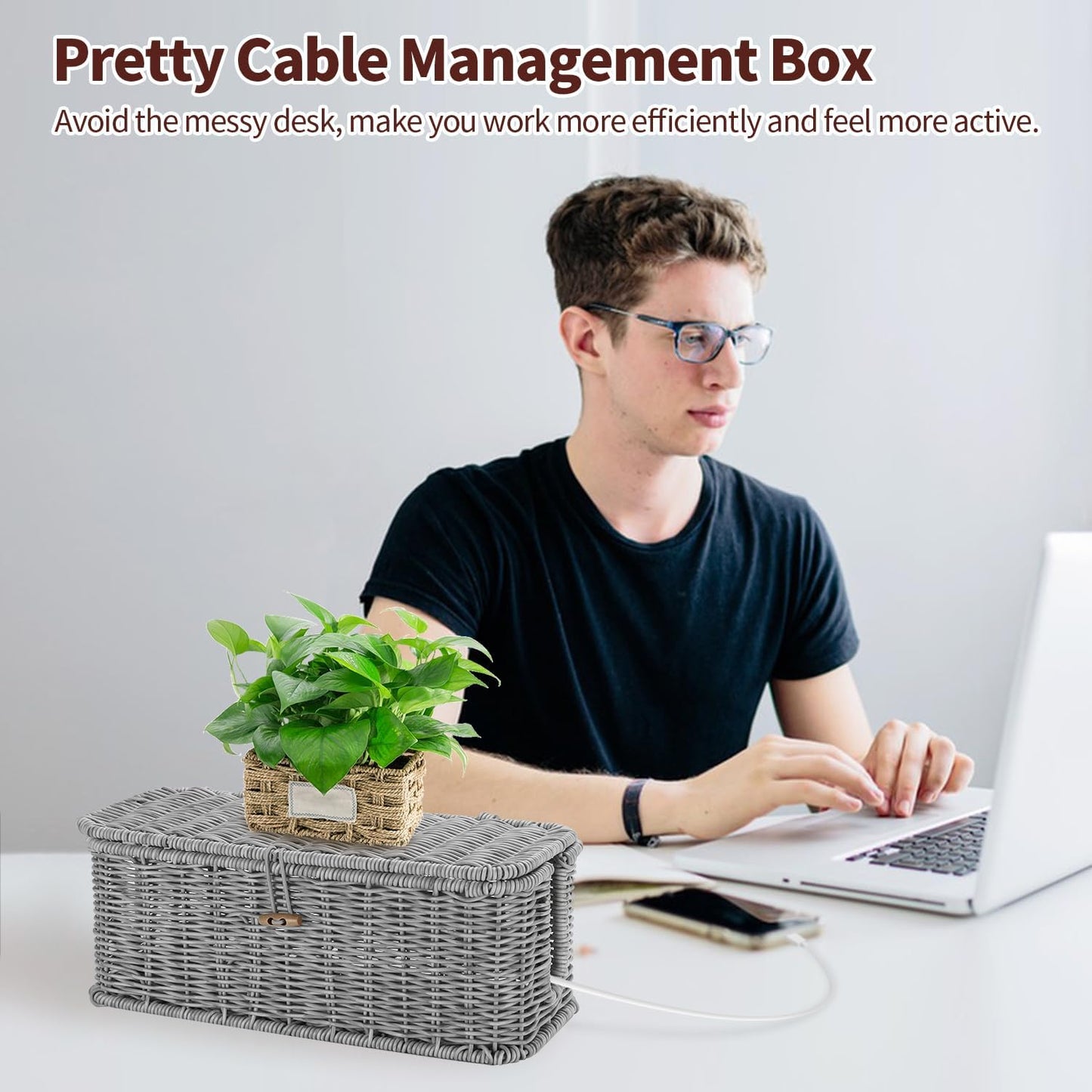 Cable Management Box, Woven Rattan Cord Hider With Lid & Button Lock, Floor Cord Holder for Power Strip USB Hub, Boho Desk Wicker Wires Storage Cable Organizer Box(grey)