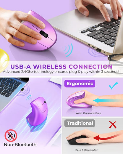 Lekvey Ergonomic Mouse, Wireless Vertical Mouse Rechargeable 2.4 GHz Optical Carpal Tunnel Mice : 800/1200 / 1600 DPI, 6 Buttons, for Laptop, PC, Computer, Desktop, Notebook etc, Purple