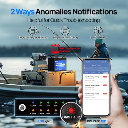 DC HOUSE 12V 100Ah LiFePO4 Trolling Motors Battery with SOC Status Indicators, Bluetooth & Low Temp Cut-Off, 100A Smart BMS, Up to 15000 Cycles for RV, Marine, Boat, Solar Off-Grid