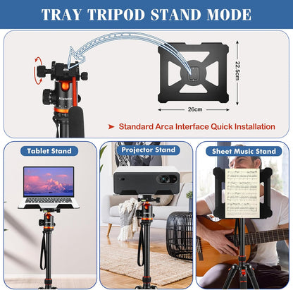Camera Tripods & Projector Stand, 2 in1 Tripod for Camera with Removable Metal Tray, Heavy Duty Tripod for DSLR. Projector. Sheet Music and Tablet, Extra Metal Spikes and Carry Bag