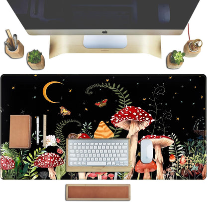Ferns Leaves Cute Mushrooms Desk Mat Kawaii Green Plants Mouse Pad Xl Mat Large Gaming Desk Pad For Desk Decor Laptop Computer Keyboard Pad Desk Home Office For Women With Stitched Rounds 31.5x15.7 In