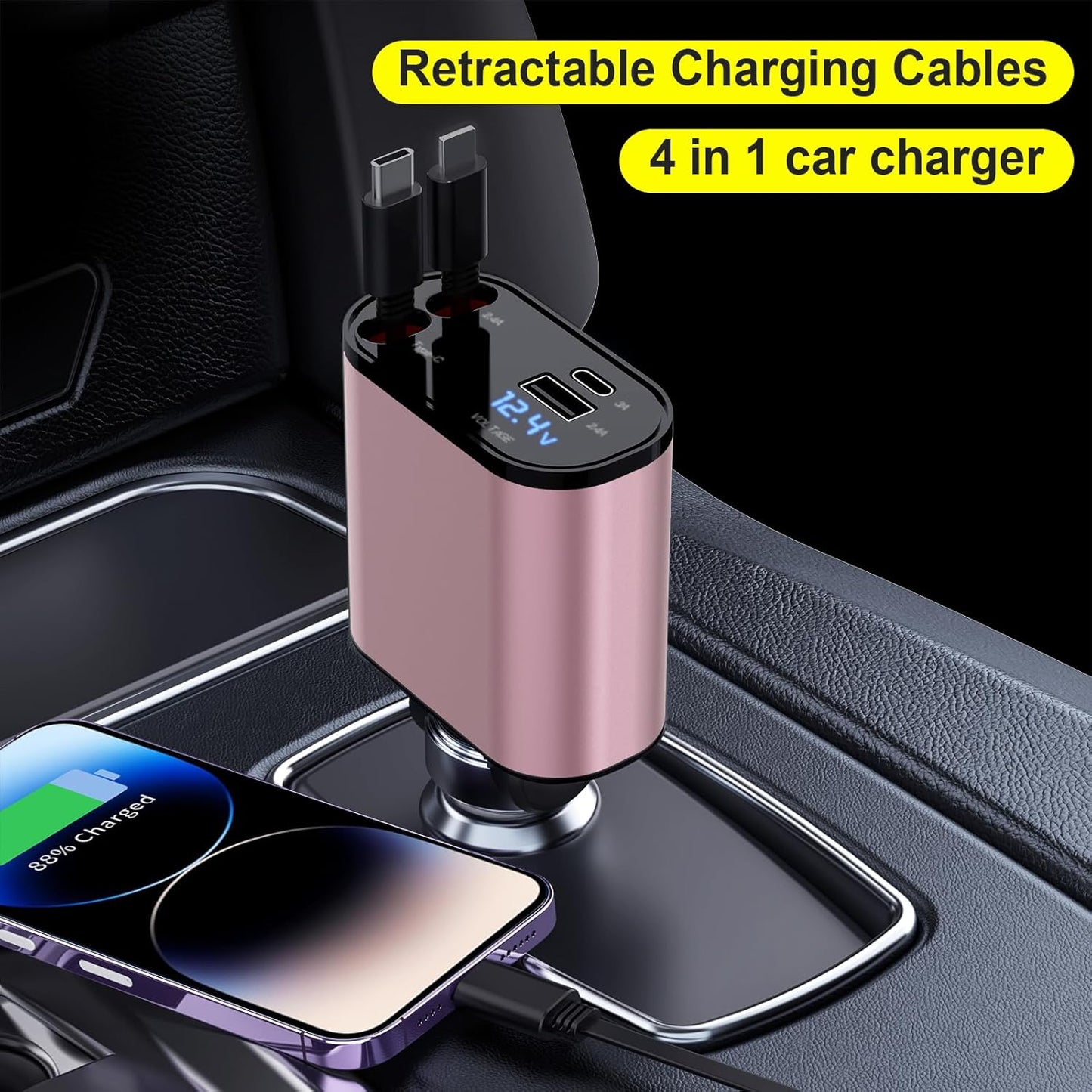 Retractable Car Charger, 4 in 1 Fast Charging 69W Cigarette Lighter Adapter Compatible with iPhone 16,Retractable Phone Charger Compatible with iPhone 16 15 14 13 12 11 Pro Max,Galaxy S25 S24,Pixel 9
