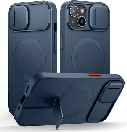 SURITCH for iPhone 15 Case with Magnetic Camera Slide Cover and Adjustable Kickstand, Compatible with MagSafe, Shockproof Bumper Case Slim Protective Cover 6.1 Inch, Blue