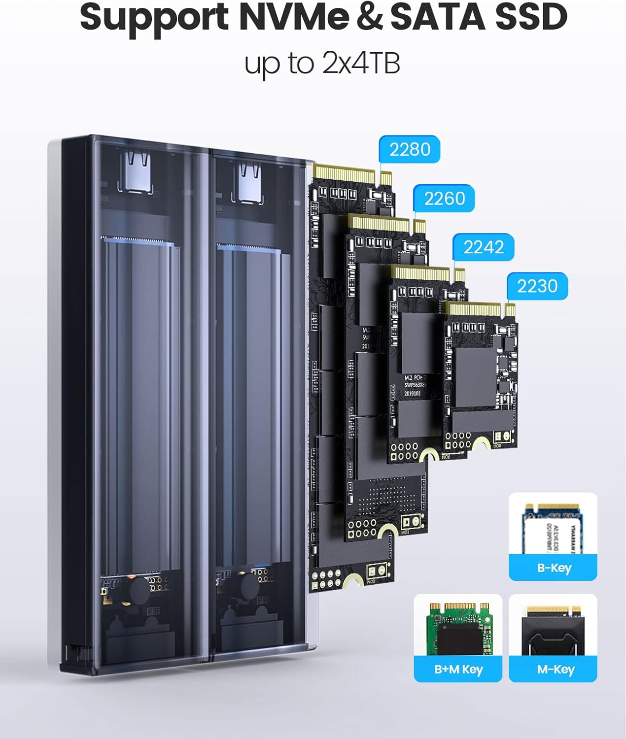 ORICO Dual M.2 NVMe SATA SSD Enclosure, USB C to M2 Adapter for M Key PCIe & B+M Key 2230/2242/2260/2280 SSDs,Tool-Free Installation Aluminum SSDs Reader Support Trim and UASP up to 2x4TB-BM2-2SN