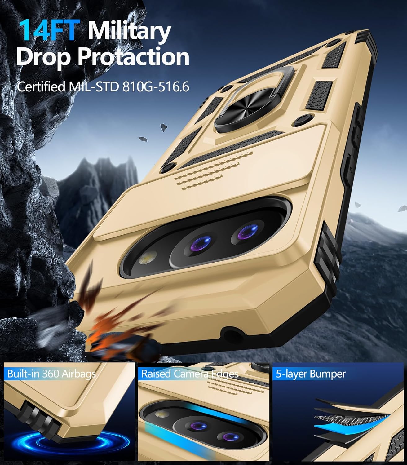 Taisairu for Google Pixel 9A Case with Screen Protector & Slide Camera Lens Cover, Built-in 360°Rotate Magnetic Ring Stand Shockproof Protective Phone Case for Google Pixel 9A Case (Gold)