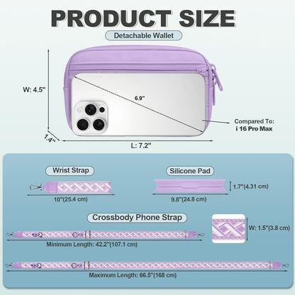 Clip and Go Strap for Phone with Wallet Crossbody, Adjustable Phone Lanyard with Detachable RFID Wristlet Wallet, Pattern Strap - Purple (L)