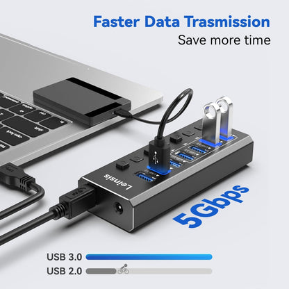 Powered USB Hub 3.0, Leinsis 7-Port USB 3.0 Hub [Durable Aluminum] 7 Data Transfer Ports+ 4 Smart Charging Ports with Individual On/Off Switches, USB Hub 3.0 Powered with Power Adapter for Laptop PC