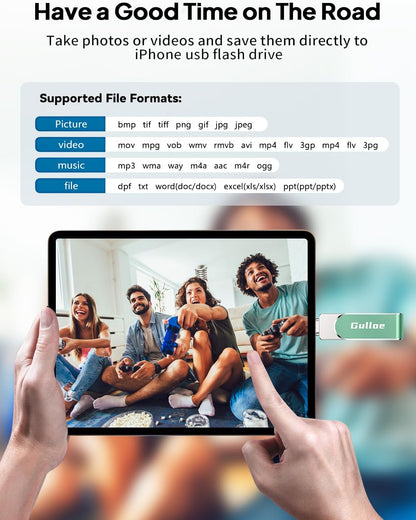 Gulloe 32GB Flash Drive Intended for iPhone, Memory Stick Storage for Photos and Videos Backup, Compatible with iPhone iPad Android PC, Plug and Play, No Application Required (Light Green)