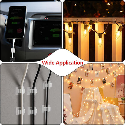 100PCS Cable Clips, Adhesive Wire Clips Organizer Cord Clips Management, Cable Staples Outdoor Strong for Wall, Desk, Christmas Lights, String Lights, Fairy Lights, Clear Glossy, Small