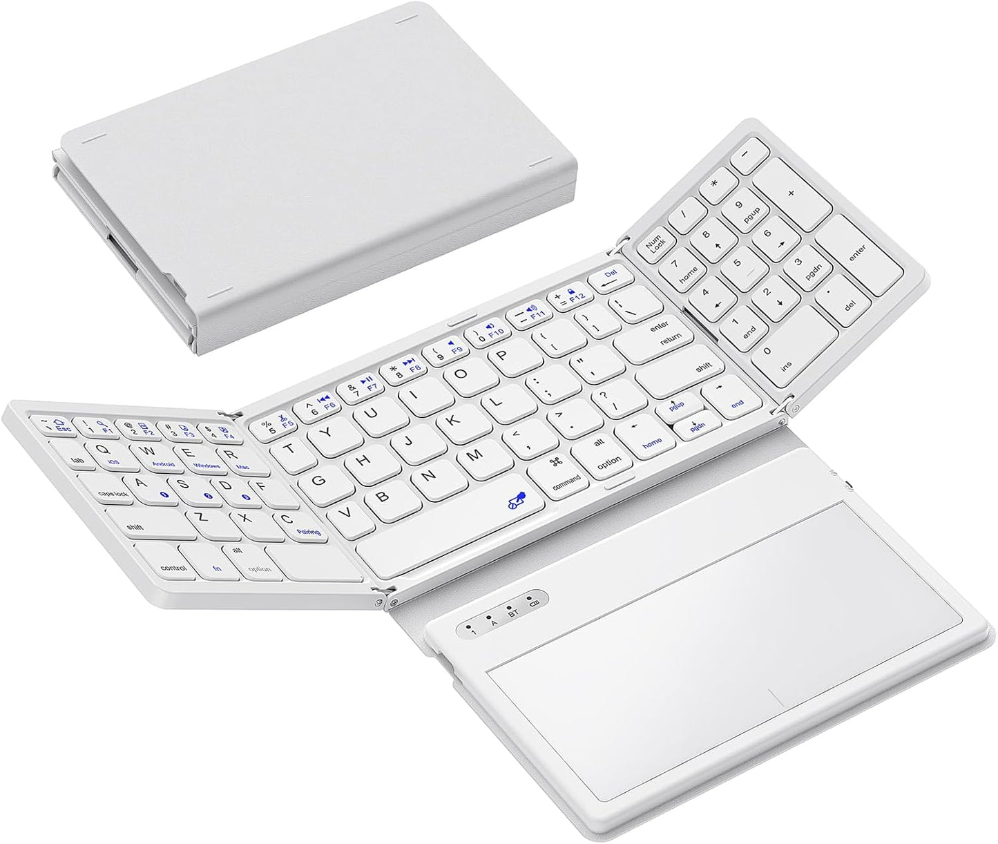 Foldable Bluetooth Keyboard, Portable Full Size Folding Keyboard with Large Touchpad, Numeric Keypad, PU Leather, Wireless Travel Keyboard for Windows Android Mac(White)