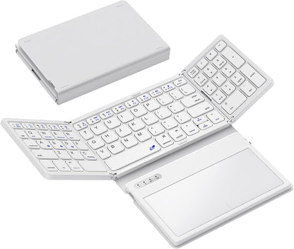 Foldable Bluetooth Keyboard, Portable Full Size Folding Keyboard with Large Touchpad, Numeric Keypad, PU Leather, Wireless Travel Keyboard for Windows Android Mac(White)