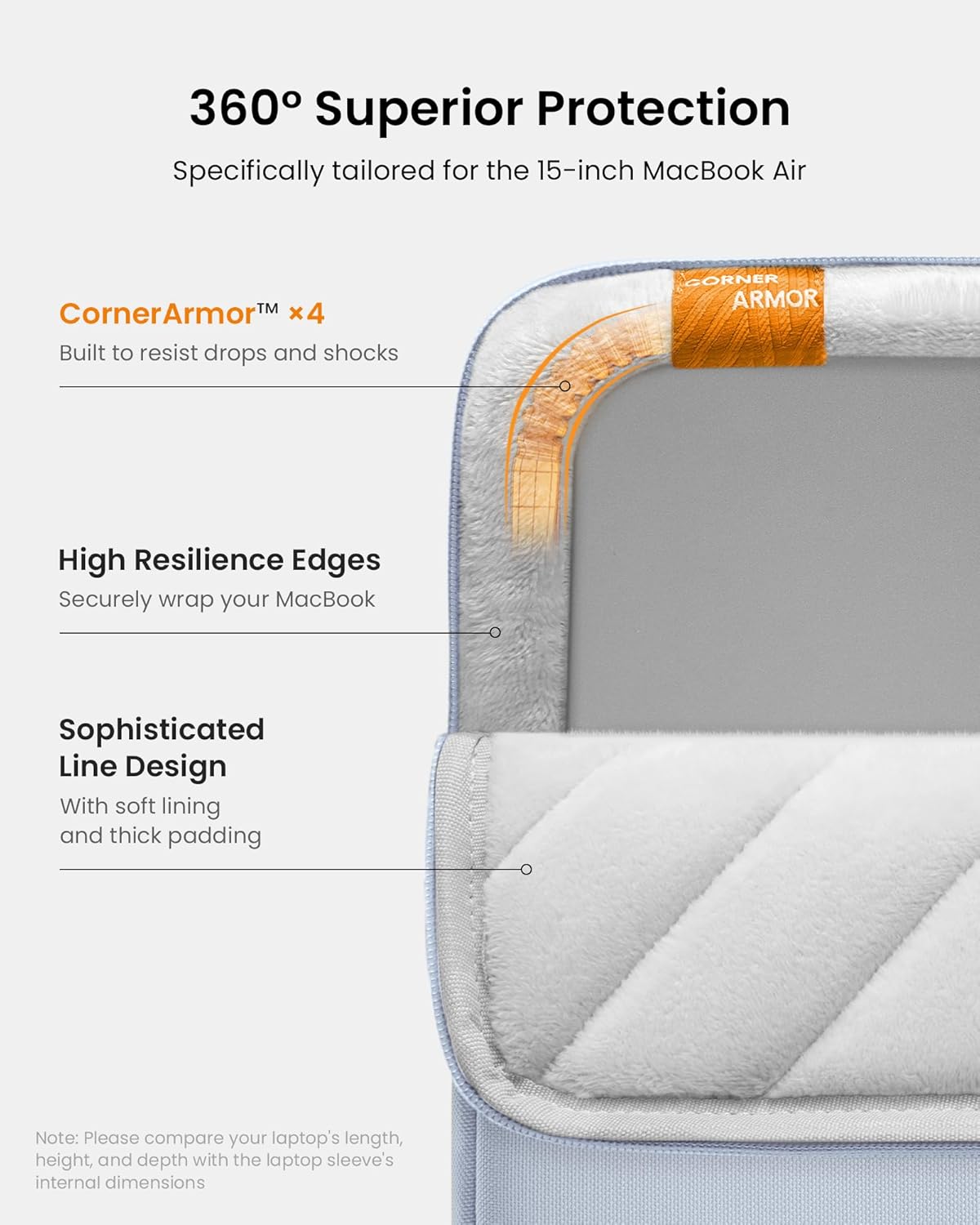 tomtoc 360° Protective Laptop Sleeve for 15-inch MacBook Air M4/A3241 2025, M3/A3114 2024, M2/A2941 2023, 15-inch MacBook Pro A1990 A1707, Dell XPS 15 Plus Laptop, Water-Resistant Computer Case Bag