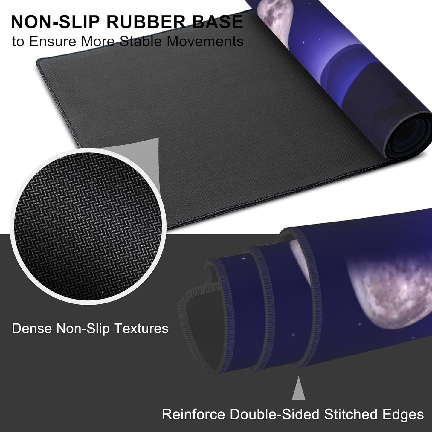 Mouse Pad, Large Moon Phases and Mountain Forest Desk Mat, Extended Non-Slip Gaming Keyboard Mousepad Desk Pad, Thick Stitched Edges Waterproof Mouse Mat 31.5"x15.7" (Moon Phase Changes)