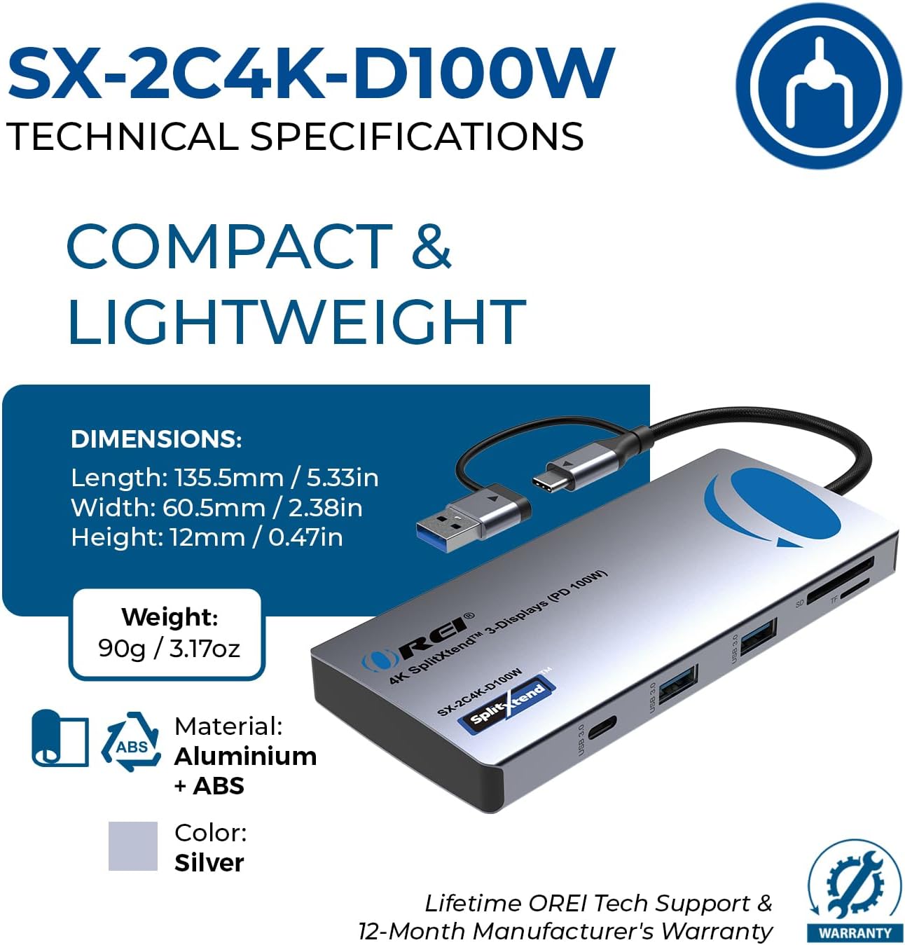 OREI SplitExtend Laptop Docking Station 3 Monitors - 2X USB 3.0, 1x Type-C, SD Card Reader - USB C Docking Station to HDMI 2.0 Extended Screen, 4K@30Hz Outputs - 100W PD