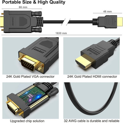 BENFEI 5 Pack HDMI to VGA 6 Feet Cable, Uni-Directional HDMI (Source) to VGA (Display) Cable (Male to Male) Compatible for Computer, Desktop, Laptop, PC, Monitor, Projector, HDTV, Raspberry Pi, Roku