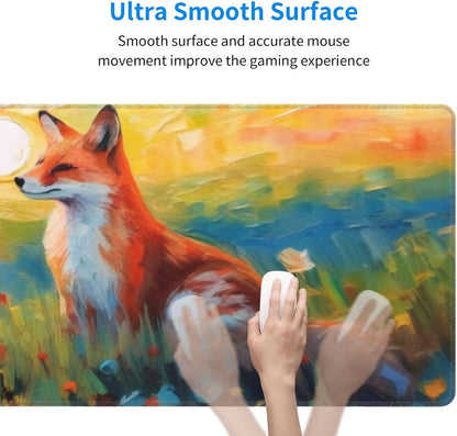 Gaming Mouse Pad, Large Non-Slip Rubber Base Mousepad, Keyboard Mouse Mat, Desk Pad with Stitched Edges, 31.5x11.8inch, Fox