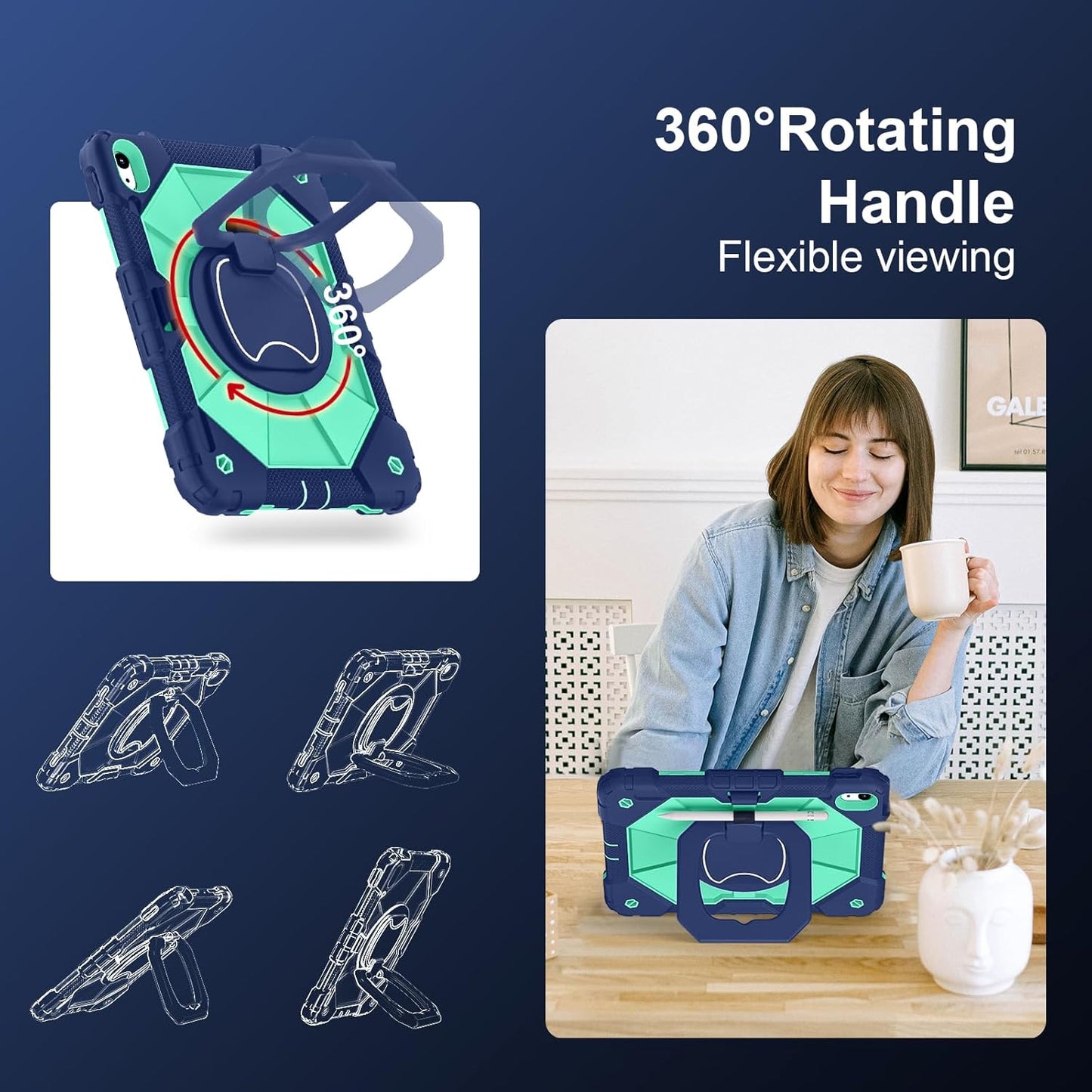 Case for iPad (A16) 11th Generation 11 Inch (2025), iPad 10th Generation Case 10.9 Inch (2022), Shockproof Cover with 360° Rotating Stand Screen Protector Pen Holder Shoulder Strap, Navy Mint