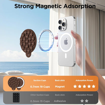 Magnetic Suction Cup Phone Mount for MagSafe Case, Silicone Hands-Free Phone Grip Holder for iPhone and Android, Mirror Shower Phone Stand for Makeup FaceTime Gym Kitchen Bathroom, Chocolate