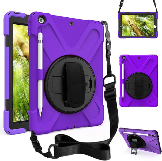 ZenRich Shockproof Case for iPad 9th/8th/7th Generation 10.2 inch 2021/2020/2019, Heavy Duty Rugged Case with Pencil Holder/360° Rotating Kickstand/Handle/Carrying Strap, Purple