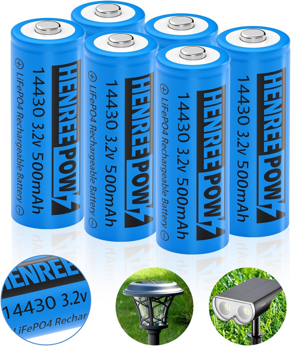 Henreepow LiFePo4 Battery 14430, 3.2v Rechargeable Solar Batteries, 500mAh LiFePo4 Battery for Outdoor Solar Garden Lights, Shaver, Flashlight, Toothbrush (6pack-Not AA Size)