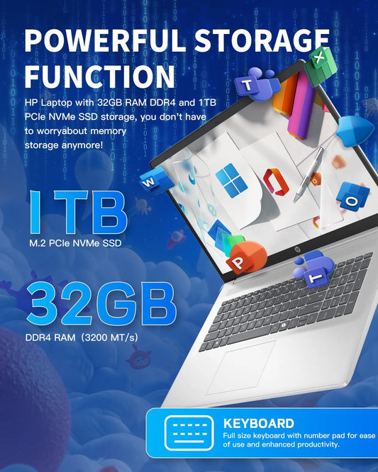 HP 17 Laptop, 17.3" HD+ Anti-Glare Display, Intel 8-Core i3, 32GB RAM, 1TB SSD, Windows 11 Pro, Copilot AI Key, Numeric Keypad, WiFi 6, w/Accessory