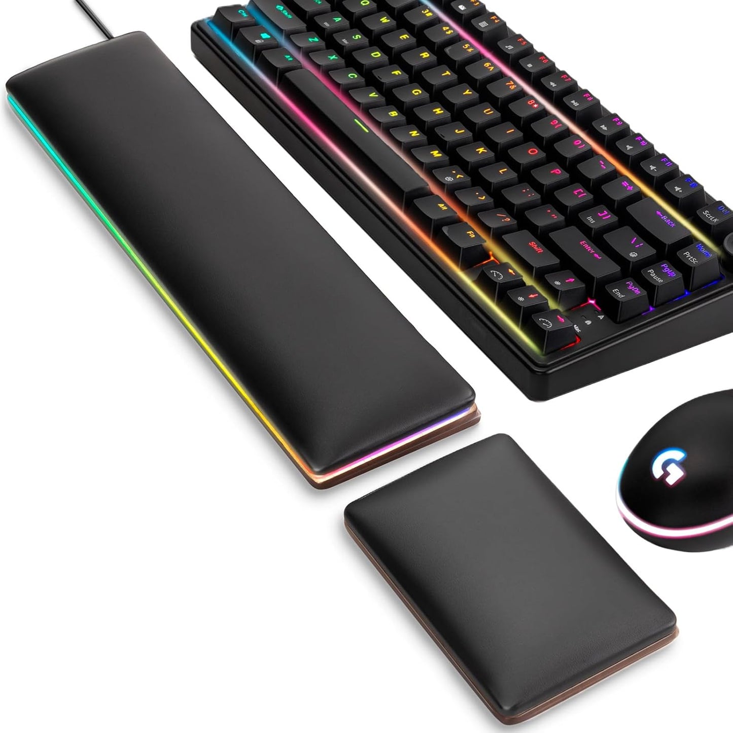 ASFSKY Keyboard and Mouse Wrist Rest Set with RGB - Memory Foam & Wooden Base Ergonomic Wrist Support Pad with PU Leather Cover, Non-Slip, Durable & Easy-to-Clean Wrist Cushion for Office, Gaming Desk